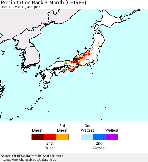 Japan Precipitation Rank since 1981, 3-Month (CHIRPS) Thematic Map For 12/16/2022 - 3/15/2023