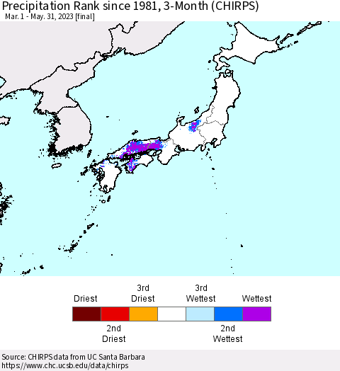 Japan Precipitation Rank since 1981, 3-Month (CHIRPS) Thematic Map For 3/1/2023 - 5/31/2023