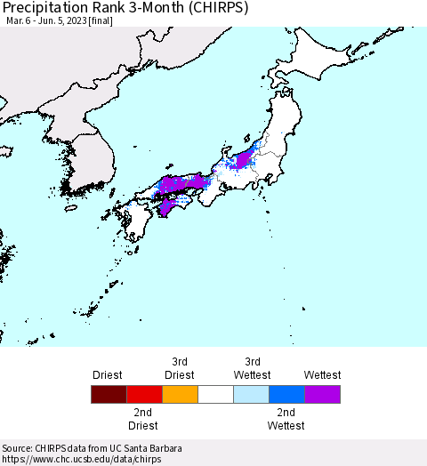 Japan Precipitation Rank since 1981, 3-Month (CHIRPS) Thematic Map For 3/6/2023 - 6/5/2023