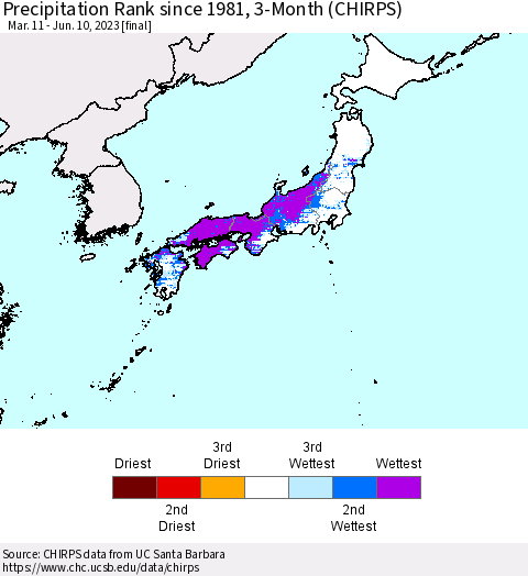 Japan Precipitation Rank since 1981, 3-Month (CHIRPS) Thematic Map For 3/11/2023 - 6/10/2023