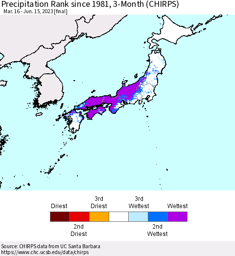 Japan Precipitation Rank since 1981, 3-Month (CHIRPS) Thematic Map For 3/16/2023 - 6/15/2023