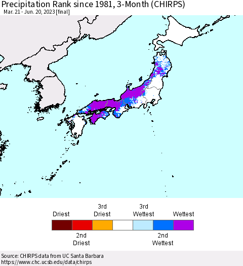 Japan Precipitation Rank since 1981, 3-Month (CHIRPS) Thematic Map For 3/21/2023 - 6/20/2023