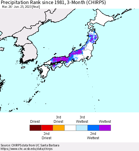 Japan Precipitation Rank since 1981, 3-Month (CHIRPS) Thematic Map For 3/26/2023 - 6/25/2023