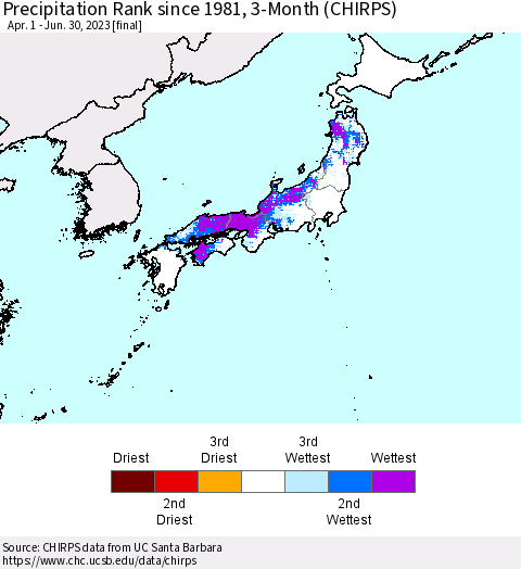 Japan Precipitation Rank since 1981, 3-Month (CHIRPS) Thematic Map For 4/1/2023 - 6/30/2023