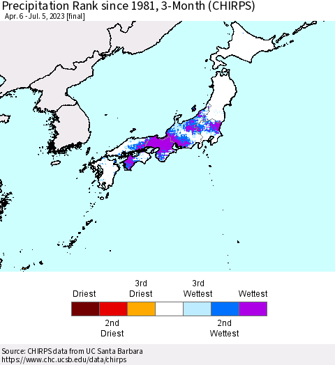 Japan Precipitation Rank since 1981, 3-Month (CHIRPS) Thematic Map For 4/6/2023 - 7/5/2023