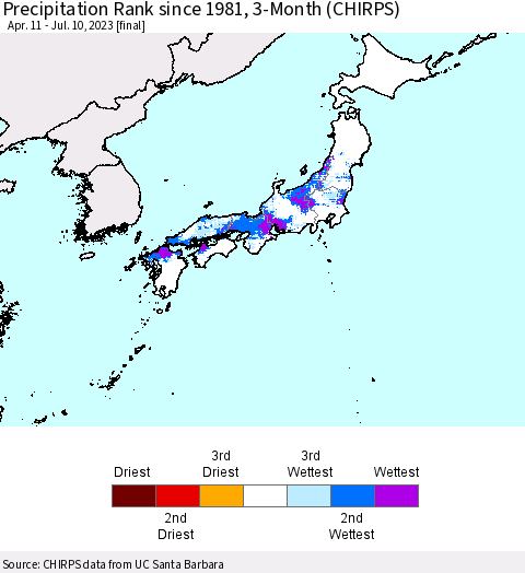 Japan Precipitation Rank since 1981, 3-Month (CHIRPS) Thematic Map For 4/11/2023 - 7/10/2023