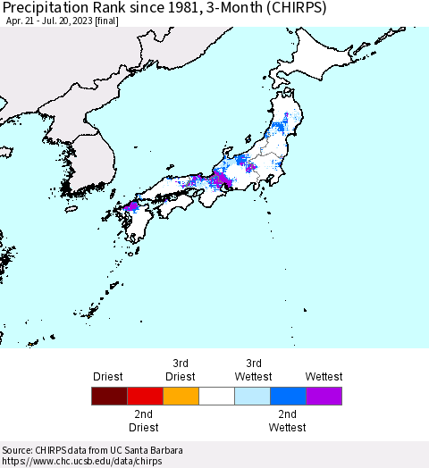 Japan Precipitation Rank since 1981, 3-Month (CHIRPS) Thematic Map For 4/21/2023 - 7/20/2023