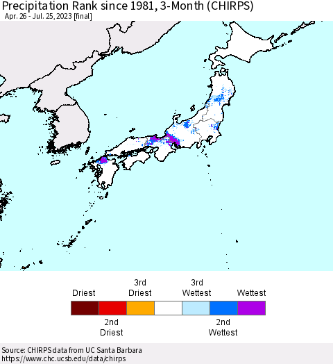 Japan Precipitation Rank since 1981, 3-Month (CHIRPS) Thematic Map For 4/26/2023 - 7/25/2023