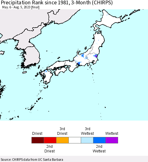 Japan Precipitation Rank since 1981, 3-Month (CHIRPS) Thematic Map For 5/6/2023 - 8/5/2023