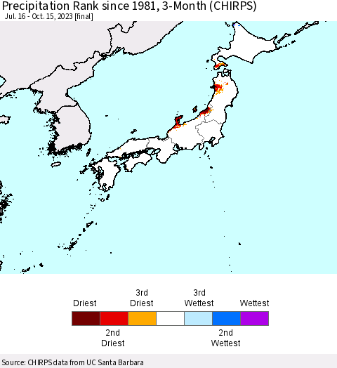 Japan Precipitation Rank since 1981, 3-Month (CHIRPS) Thematic Map For 7/16/2023 - 10/15/2023