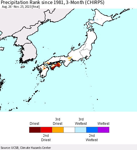 Japan Precipitation Rank since 1981, 3-Month (CHIRPS) Thematic Map For 8/26/2023 - 11/25/2023
