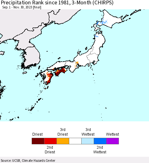 Japan Precipitation Rank since 1981, 3-Month (CHIRPS) Thematic Map For 9/1/2023 - 11/30/2023