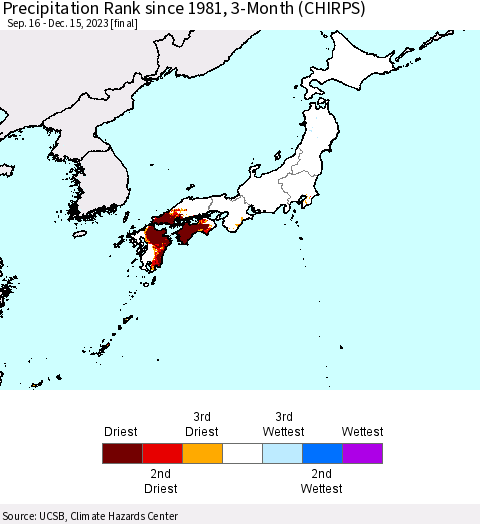 Japan Precipitation Rank since 1981, 3-Month (CHIRPS) Thematic Map For 9/16/2023 - 12/15/2023