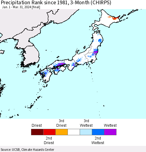 Japan Precipitation Rank since 1981, 3-Month (CHIRPS) Thematic Map For 1/1/2024 - 3/31/2024