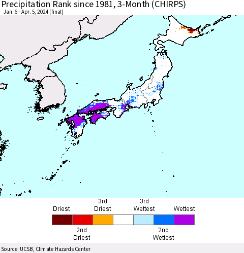 Japan Precipitation Rank since 1981, 3-Month (CHIRPS) Thematic Map For 1/6/2024 - 4/5/2024