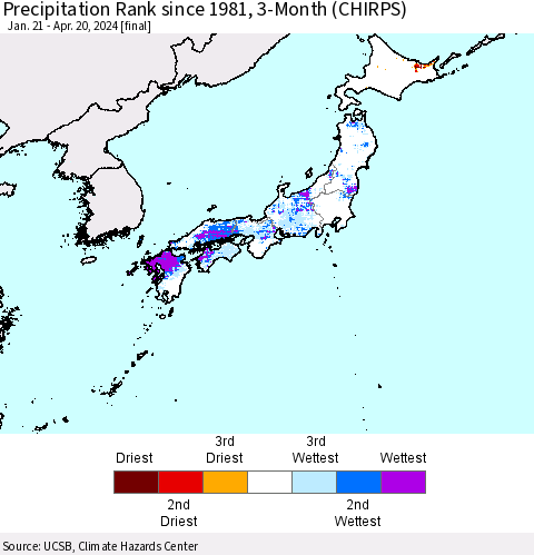Japan Precipitation Rank since 1981, 3-Month (CHIRPS) Thematic Map For 1/21/2024 - 4/20/2024