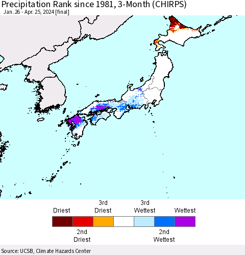 Japan Precipitation Rank since 1981, 3-Month (CHIRPS) Thematic Map For 1/26/2024 - 4/25/2024