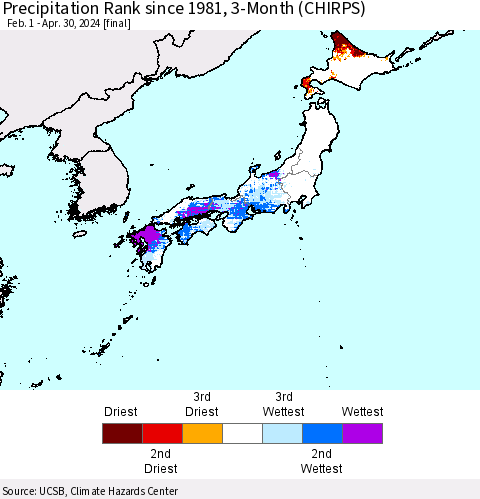 Japan Precipitation Rank since 1981, 3-Month (CHIRPS) Thematic Map For 2/1/2024 - 4/30/2024