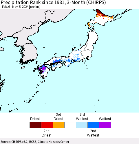 Japan Precipitation Rank since 1981, 3-Month (CHIRPS) Thematic Map For 2/6/2024 - 5/5/2024