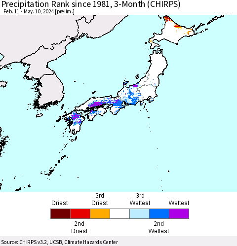 Japan Precipitation Rank since 1981, 3-Month (CHIRPS) Thematic Map For 2/11/2024 - 5/10/2024