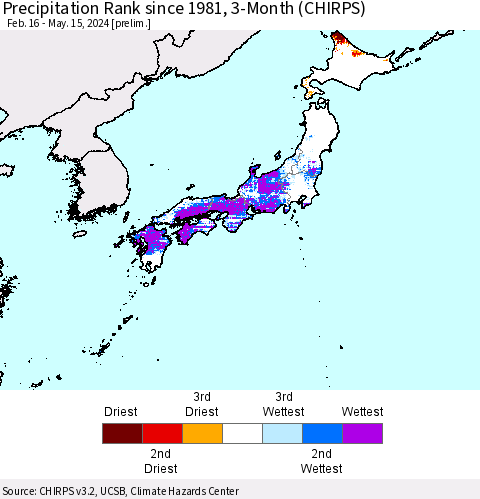 Japan Precipitation Rank since 1981, 3-Month (CHIRPS) Thematic Map For 2/16/2024 - 5/15/2024