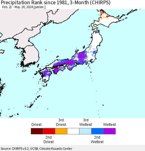 Japan Precipitation Rank since 1981, 3-Month (CHIRPS) Thematic Map For 2/21/2024 - 5/20/2024