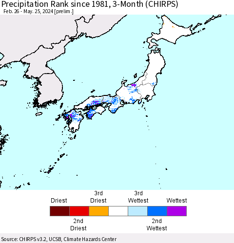 Japan Precipitation Rank since 1981, 3-Month (CHIRPS) Thematic Map For 2/26/2024 - 5/25/2024
