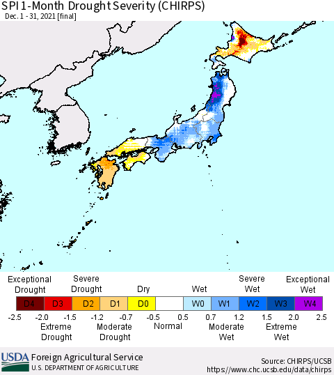 Japan SPI 1-Month Drought Severity (CHIRPS) Thematic Map For 12/1/2021 - 12/31/2021