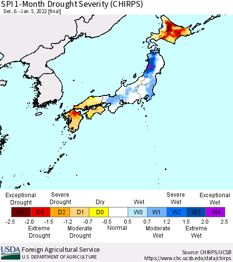 Japan SPI 1-Month Drought Severity (CHIRPS) Thematic Map For 12/6/2021 - 1/5/2022