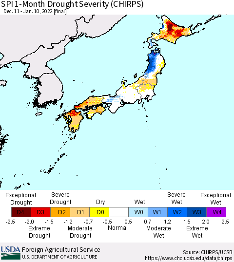 Japan SPI 1-Month Drought Severity (CHIRPS) Thematic Map For 12/11/2021 - 1/10/2022