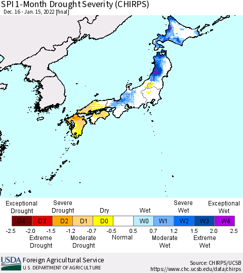 Japan SPI 1-Month Drought Severity (CHIRPS) Thematic Map For 12/16/2021 - 1/15/2022