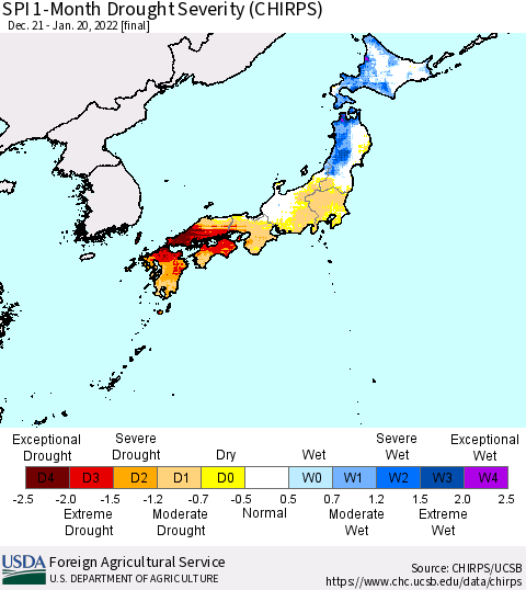 Japan SPI 1-Month Drought Severity (CHIRPS) Thematic Map For 12/21/2021 - 1/20/2022