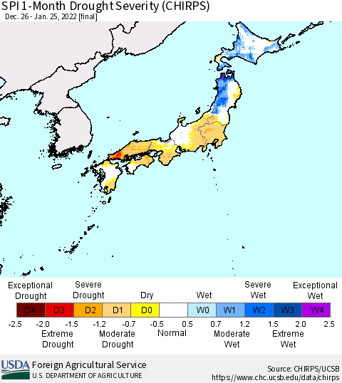 Japan SPI 1-Month Drought Severity (CHIRPS) Thematic Map For 12/26/2021 - 1/25/2022