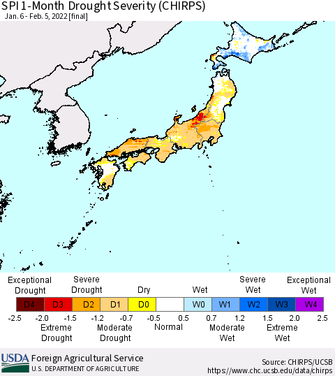 Japan SPI 1-Month Drought Severity (CHIRPS) Thematic Map For 1/6/2022 - 2/5/2022