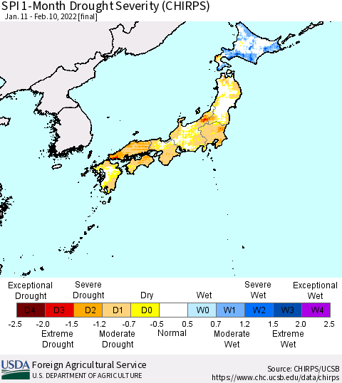 Japan SPI 1-Month Drought Severity (CHIRPS) Thematic Map For 1/11/2022 - 2/10/2022