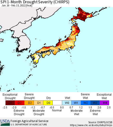 Japan SPI 1-Month Drought Severity (CHIRPS) Thematic Map For 1/16/2022 - 2/15/2022