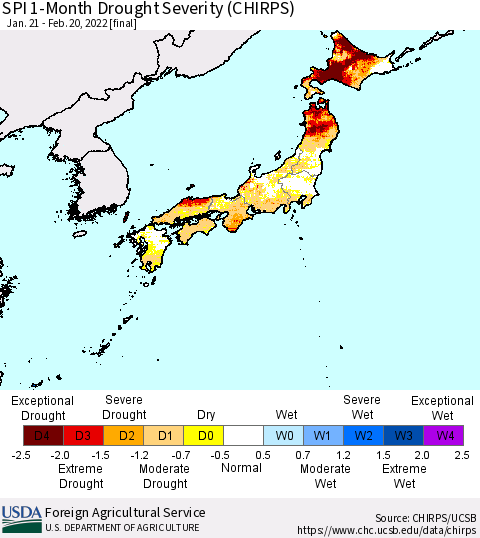 Japan SPI 1-Month Drought Severity (CHIRPS) Thematic Map For 1/21/2022 - 2/20/2022