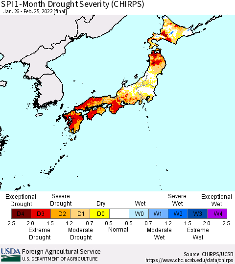 Japan SPI 1-Month Drought Severity (CHIRPS) Thematic Map For 1/26/2022 - 2/25/2022