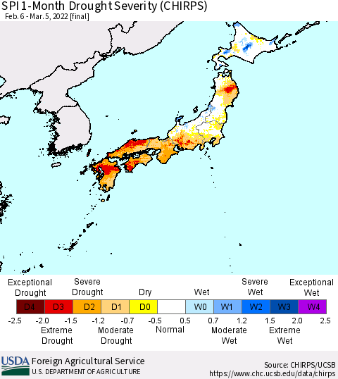 Japan SPI 1-Month Drought Severity (CHIRPS) Thematic Map For 2/6/2022 - 3/5/2022