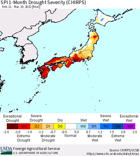 Japan SPI 1-Month Drought Severity (CHIRPS) Thematic Map For 2/11/2022 - 3/10/2022