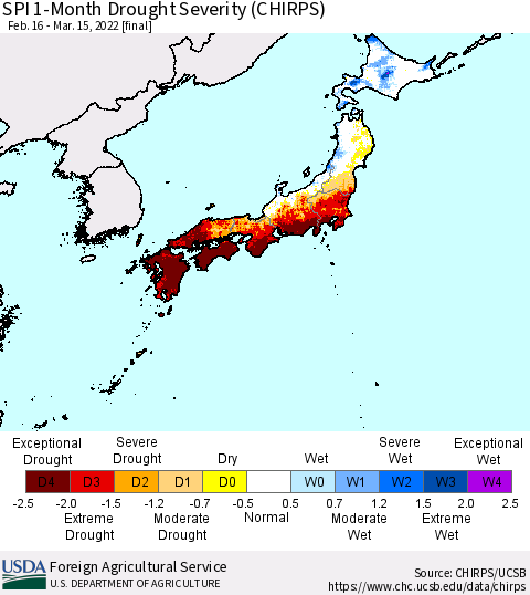 Japan SPI 1-Month Drought Severity (CHIRPS) Thematic Map For 2/16/2022 - 3/15/2022