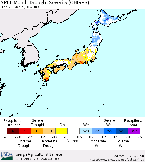 Japan SPI 1-Month Drought Severity (CHIRPS) Thematic Map For 2/21/2022 - 3/20/2022