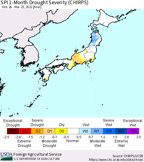 Japan SPI 1-Month Drought Severity (CHIRPS) Thematic Map For 2/26/2022 - 3/25/2022