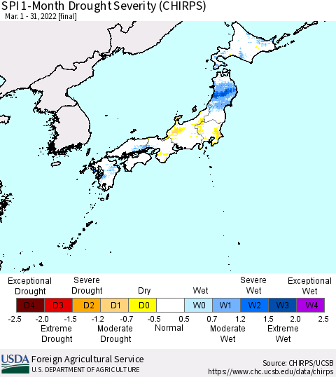 Japan SPI 1-Month Drought Severity (CHIRPS) Thematic Map For 3/1/2022 - 3/31/2022