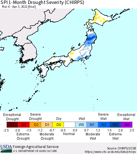 Japan SPI 1-Month Drought Severity (CHIRPS) Thematic Map For 3/6/2022 - 4/5/2022