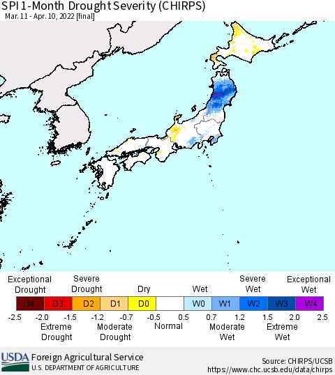 Japan SPI 1-Month Drought Severity (CHIRPS) Thematic Map For 3/11/2022 - 4/10/2022