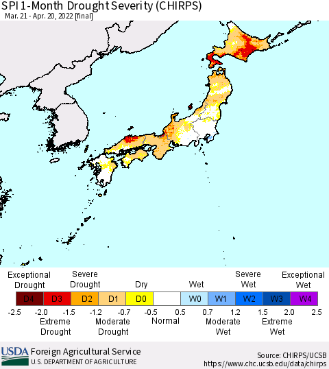Japan SPI 1-Month Drought Severity (CHIRPS) Thematic Map For 3/21/2022 - 4/20/2022