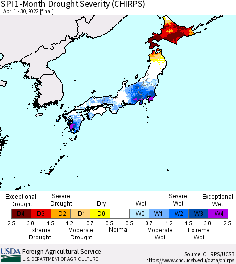 Japan SPI 1-Month Drought Severity (CHIRPS) Thematic Map For 4/1/2022 - 4/30/2022