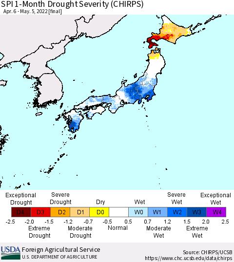 Japan SPI 1-Month Drought Severity (CHIRPS) Thematic Map For 4/6/2022 - 5/5/2022
