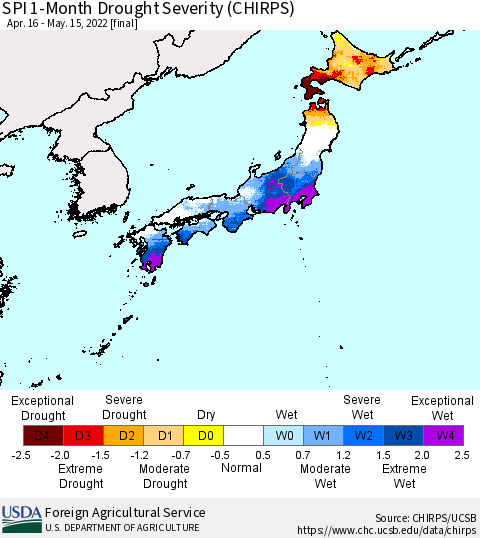 Japan SPI 1-Month Drought Severity (CHIRPS) Thematic Map For 4/16/2022 - 5/15/2022